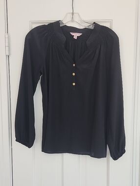 Lilly Pultizer Black Long-Sleeve Smocked Yoke Blouse